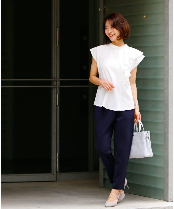 エーレスタイル Ehre style フレンチスリーブ ブラウス 半袖 フリル  オフイスカジュアル トップス フリルトップス グレー ホワイト 白 灰 細見え ハイクラス スタンドカラー 無地