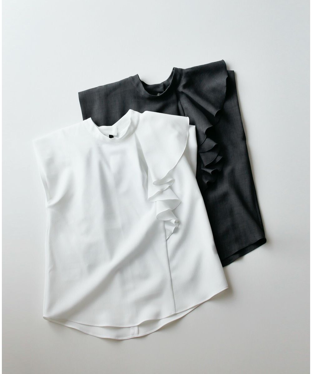 エーレスタイル Ehre style フレンチスリーブ ブラウス 半袖 フリル  オフイスカジュアル トップス フリルトップス グレー ホワイト 白 灰 細見え ハイクラス スタンドカラー 無地