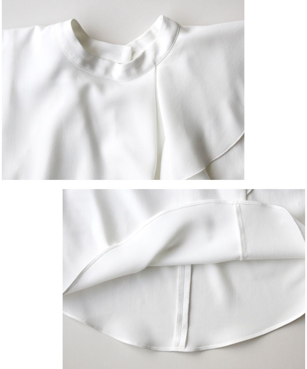 エーレスタイル Ehre style フレンチスリーブ ブラウス 半袖 フリル  オフイスカジュアル トップス フリルトップス グレー ホワイト 白 灰 細見え ハイクラス スタンドカラー 無地