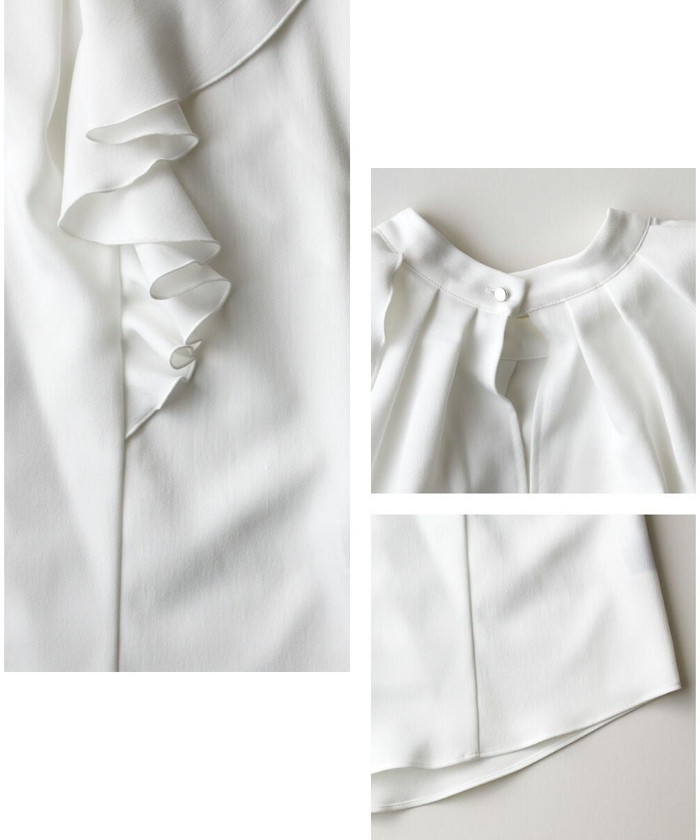 エーレスタイル Ehre style フレンチスリーブ ブラウス 半袖 フリル  オフイスカジュアル トップス フリルトップス グレー ホワイト 白 灰 細見え ハイクラス スタンドカラー 無地