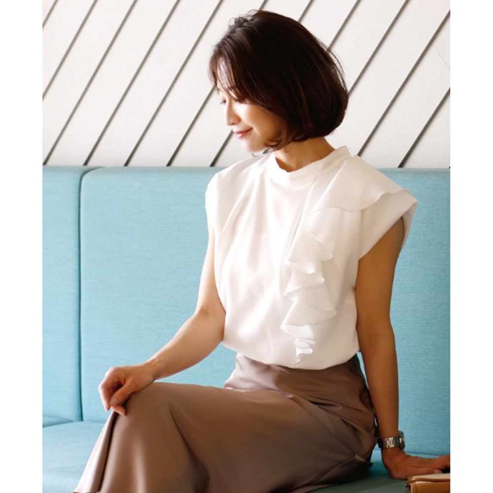 エーレスタイル Ehre style フレンチスリーブ ブラウス 半袖 フリル  オフイスカジュアル トップス フリルトップス グレー ホワイト 白 灰 細見え ハイクラス スタンドカラー 無地