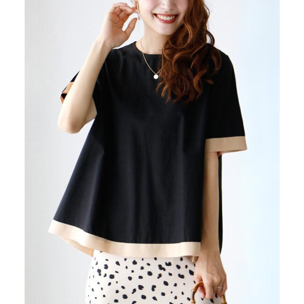 エーレスタイル Ehre style ブラウス 半袖 体型カバー オフィスカジュアル レディース 半袖 トップス バイカラー Tシャツ 夏 30代 40代 配色 インナー パイピング