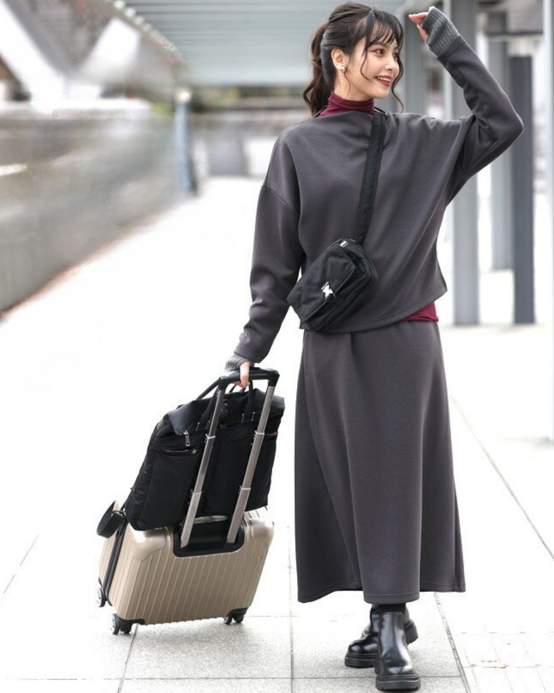 エーレスタイル Ehre style 旅行や長時間移動に◎疲れない旅楽セットスカートセットアップ(長袖) (チャコールグレー) チャコールグレー