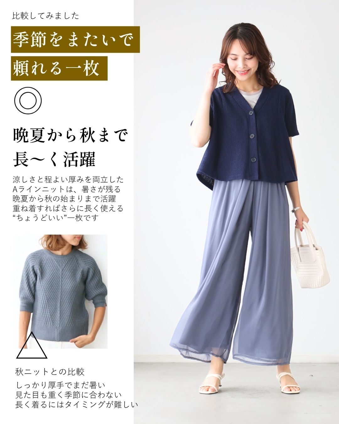 エーレスタイル Ehre style 夏~秋のお出かけに常備したい!Aラインニットカーデ (ネイビー) ネイビー