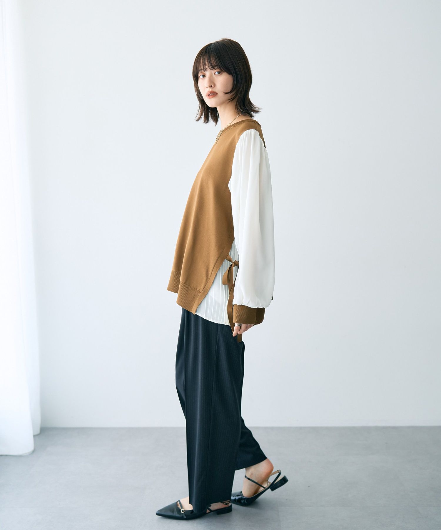 イェッカ ヴェッカ YECCA VECCA ウエストデザインワイドストレートパンツ (ブラウン) ブラウン