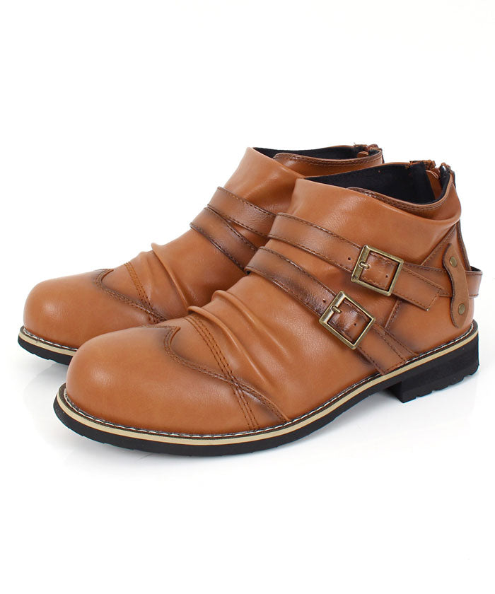 トップイズム TopIsm エンジニアブーツ メンズ ブーツ ショートブーツ アメカジ フェイクレザー 2連ベルト ドレープ ウエスタン ワークブーツ ミリタリー 靴 シューズ,3-キャメル