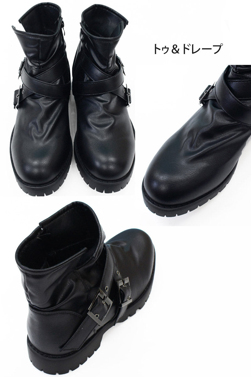 頂級主義 TopIsm 工程師靴 男士 短靴 交叉帶 側拉鍊 褶皺 鞋 秋冬