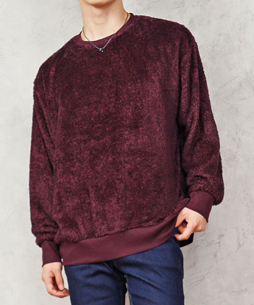 トップイズム TopIsm シャギー ボア トレーナー メンズ スウェット ドロップショルダー ファー フワフワ モコモコ ワイドシルエット ビッグシルエット 無地 長袖 カットソー,9-ワインミックス