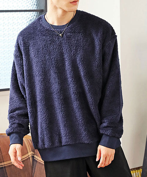 トップイズム TopIsm シャギー ボア トレーナー メンズ スウェット ドロップショルダー ファー フワフワ モコモコ ワイドシルエット ビッグシルエット 無地 長袖 カットソー