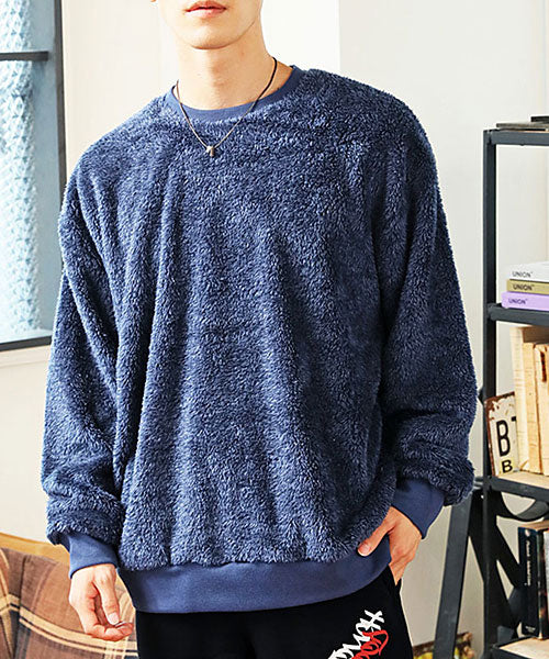 トップイズム TopIsm シャギー ボア トレーナー メンズ スウェット ドロップショルダー ファー フワフワ モコモコ ワイドシルエット ビッグシルエット 無地 長袖 カットソー