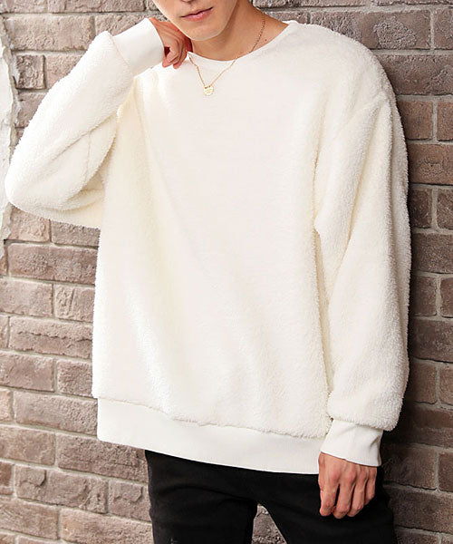 トップイズム TopIsm シャギー ボア トレーナー メンズ スウェット ドロップショルダー ファー フワフワ モコモコ ワイドシルエット ビッグシルエット 無地 長袖 カットソー,1-ホワイト
