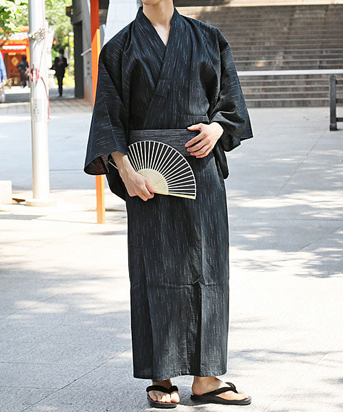 トップイズム TopIsm 浴衣 ゆかた 綿100% 帯と下駄と 扇子と 浴衣の4点セット 男性浴衣 男性和服 メンズファッション メンズ浴衣 春夏 (16-ブラック系かすり) 16-ブラック系かすり