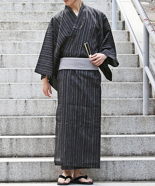 トップイズム TopIsm 浴衣 ゆかた 綿100% 帯と下駄と 扇子と 浴衣の4点セット 男性浴衣 男性和服 メンズファッション メンズ浴衣 春夏 (13-ブラック系ストライプ) 13-ブラック系ストライプ