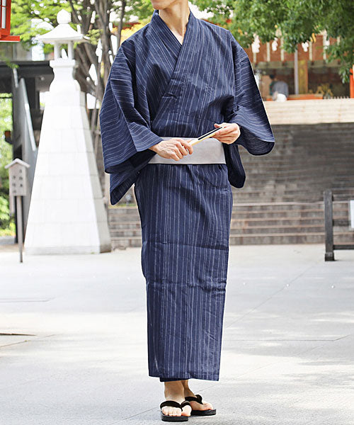 トップイズム TopIsm 浴衣 ゆかた 綿100% 帯と下駄と 扇子と 浴衣の4点セット 男性浴衣 男性和服 メンズファッション メンズ浴衣 春夏,10-ネイビー系ストライプ