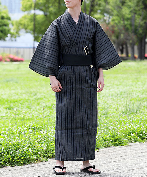 トップイズム TopIsm 浴衣 ゆかた 綿100% 帯と下駄と 扇子と 浴衣の4点セット 男性浴衣 男性和服 メンズファッション メンズ浴衣 春夏,29-ブラックストライプ