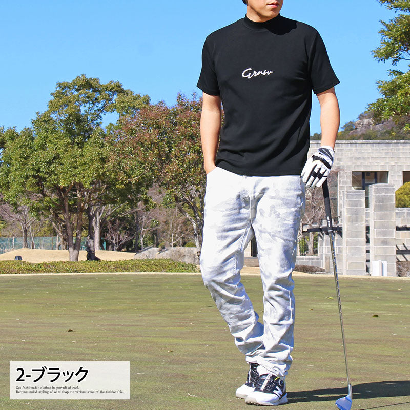 トップイズム TopIsm ゴルフウェア モックネックシャツ メンズ GIORNO SEVEN ジョルノセブン ハイネック ゴルフ 接触冷感 ストレッチ 半袖 ロゴ 筆記体 トップス ポロシャツ Tシャツ 無地 春夏 (4-ターコイズ) 4-ターコイズ