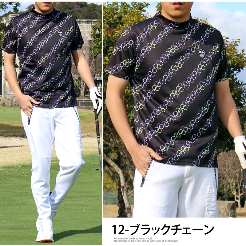 トップイズム TopIsm ゴルフウェア モックネックシャツ メンズ GIORNO SEVEN ジョルノセブン ハイネックTシャツ 半袖 トップス 総柄 ロゴ ストレッチ 吸湿速乾ドライ