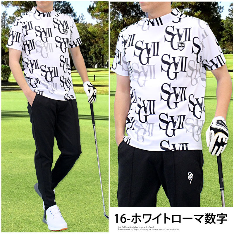 トップイズム TopIsm ゴルフウェア モックネックシャツ メンズ GIORNO SEVEN ジョルノセブン ハイネックTシャツ 半袖 トップス 総柄 ロゴ ストレッチ 吸湿速乾ドライ