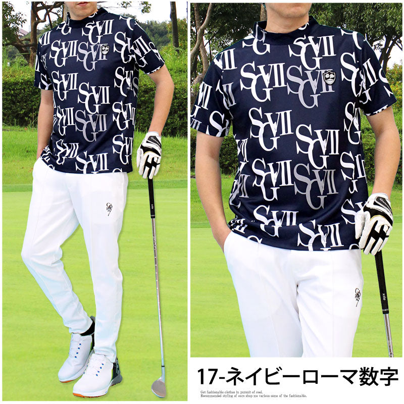 トップイズム TopIsm ゴルフウェア モックネックシャツ メンズ GIORNO SEVEN ジョルノセブン ハイネックTシャツ 半袖 トップス 総柄 ロゴ ストレッチ 吸湿速乾ドライ