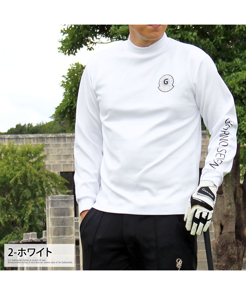 トップイズム TopIsm ゴルフ モックネックシャツ ハイネックTシャツ メンズ ゴルフウェア GIORNO SEVEN ジョルノセブン ストレッチ 長袖 無地 ロゴプリント 切替 ポロ (3-ブラックホワイト) 3-ブラックホワイト