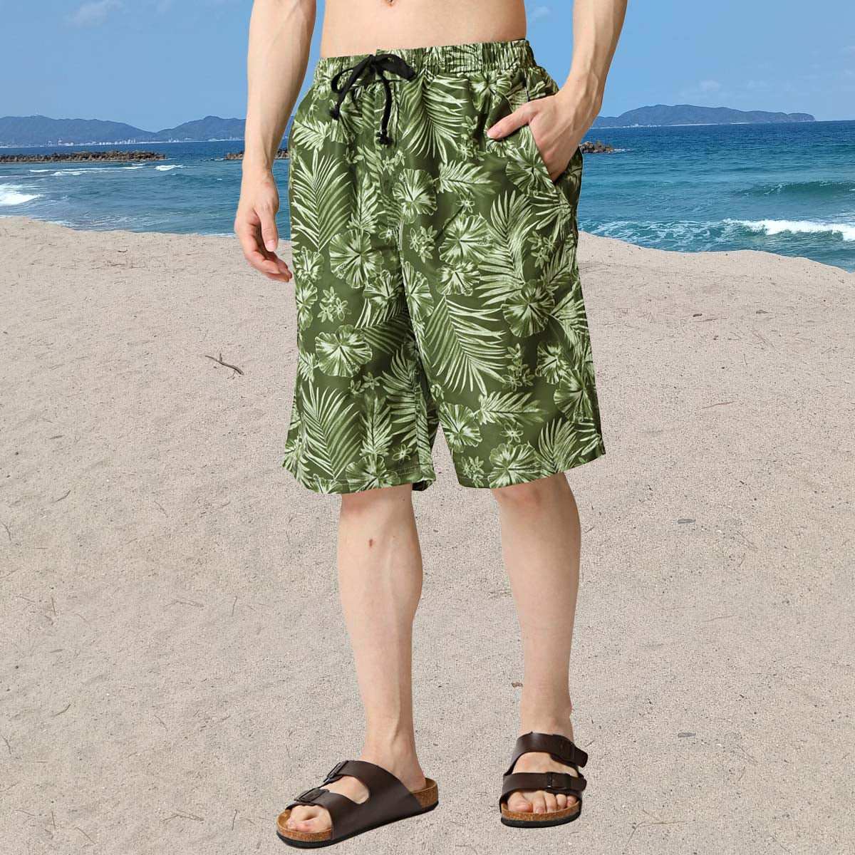 トップイズム TopIsm 水着 メンズ サーフパンツ 水陸両用 インナーパンツ付 海パン 海水パンツ 総柄 ボタニカル柄 スイムウェア 水泳 スポーツ 男性用 ショートパンツ キャンプ アウトドア 夏 【返品不可商品】 (3-カーキ(3032)) 3-カーキ(3032)