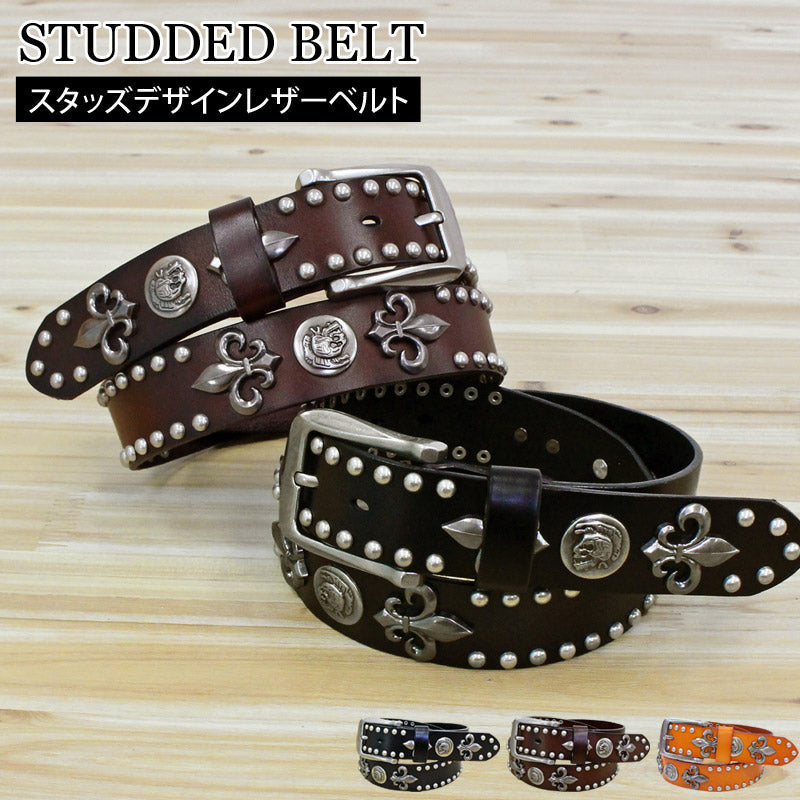 トップイズム TopIsm ベルト メンズ 本革 レザー ウエスタン スタッズベルト スカル コンチョ 牛革 花柄 百合 紋章 男女兼用 メンズファッション メンズベルト メンズ (2-ブラウン) 2-ブラウン