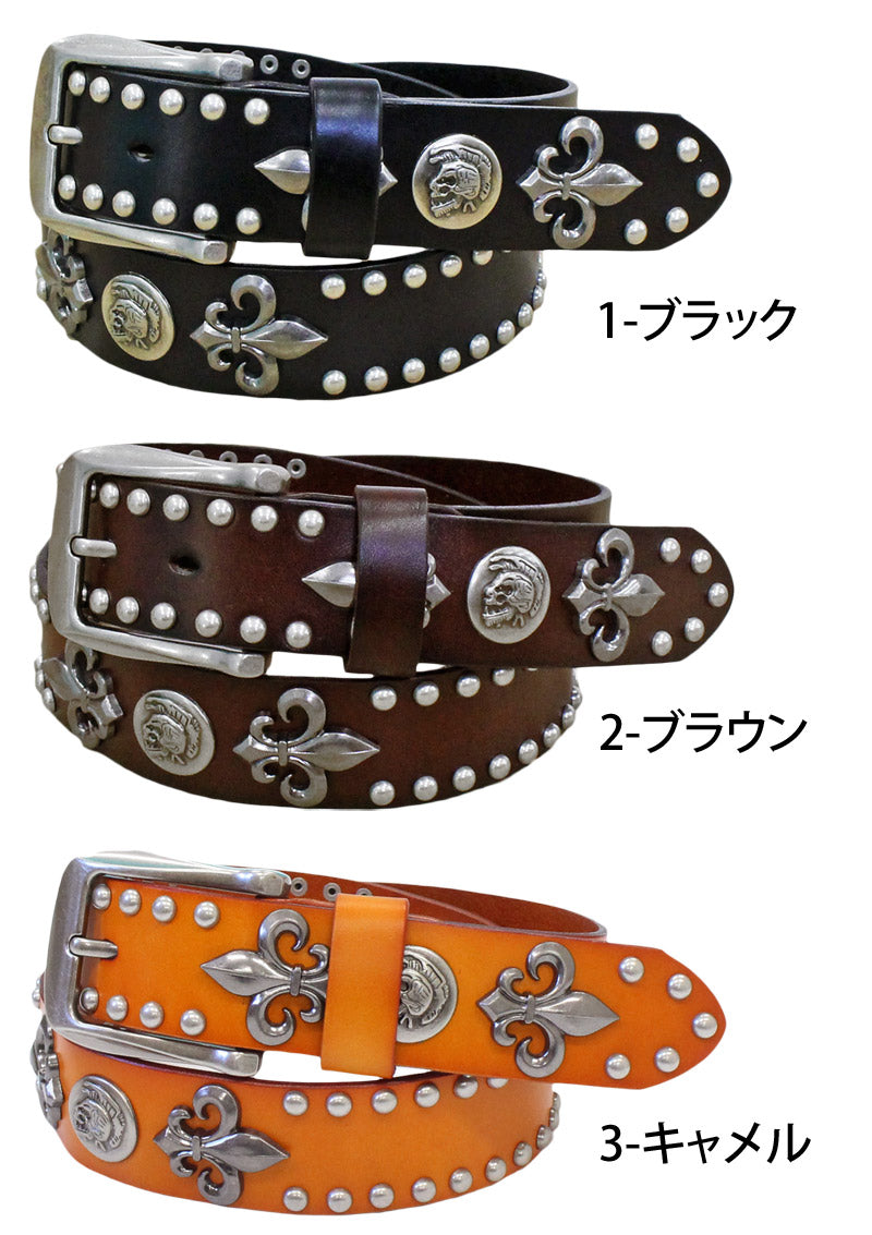 トップイズム TopIsm ベルト メンズ 本革 レザー ウエスタン スタッズベルト スカル コンチョ 牛革 花柄 百合 紋章 男女兼用 メンズファッション メンズベルト メンズ (2-ブラウン) 2-ブラウン
