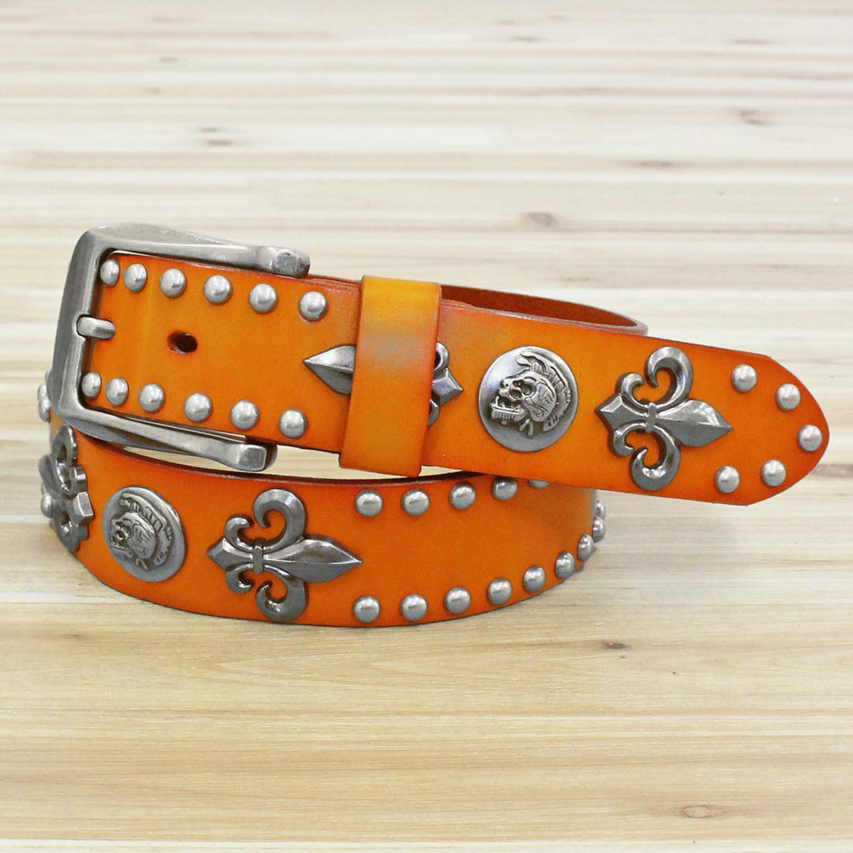 トップイズム TopIsm ベルト メンズ 本革 レザー ウエスタン スタッズベルト スカル コンチョ 牛革 花柄 百合 紋章 男女兼用 メンズファッション メンズベルト メンズ (3-キャメル) 3-キャメル