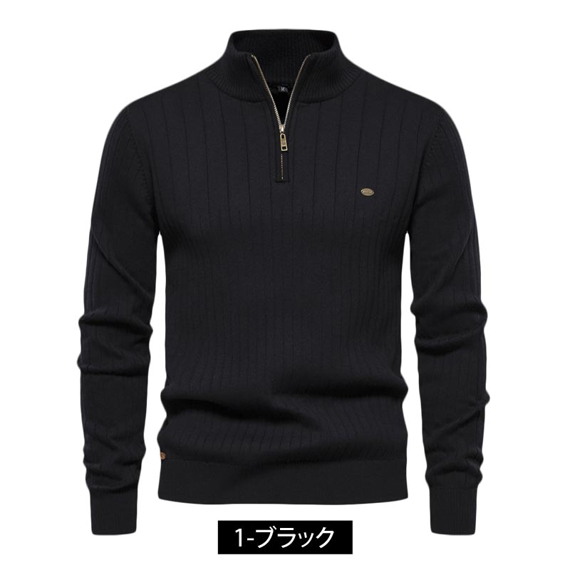 トップイズム TopIsm ゴルフウェア メンズ ニットセーター ハーフジップ 編地 編み目 無地 長袖 タートル ハイネック トップス おしゃれ 秋冬 (3-ネイビー) 3-ネイビー