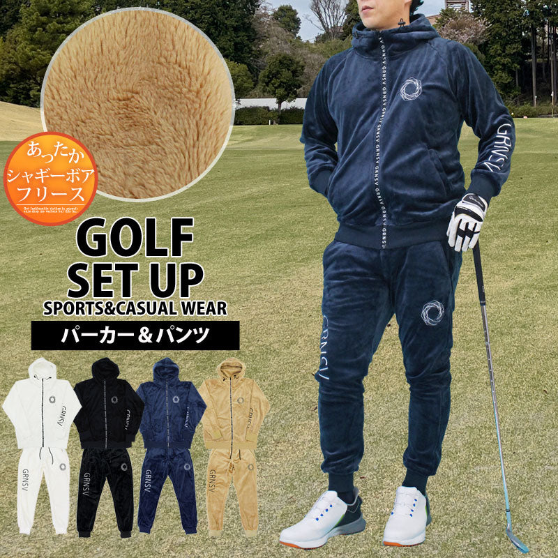 トップイズム TopIsm ゴルフウェア メンズ 上下セットアップ GIORNO SEVEN ジョルノセブン シャギーボアフリース フルジップパーカー トップス ゴルフパンツ ブランド おしゃれ 秋冬 (3-ネイビー) 3-ネイビー