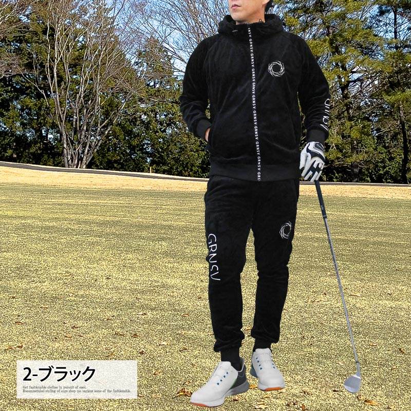 トップイズム TopIsm ゴルフウェア メンズ 上下セットアップ GIORNO SEVEN ジョルノセブン シャギーボアフリース フルジップパーカー トップス ゴルフパンツ ブランド おしゃれ 秋冬 (3-ネイビー) 3-ネイビー