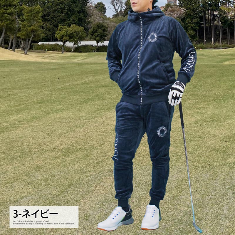 トップイズム TopIsm ゴルフウェア メンズ 上下セットアップ GIORNO SEVEN ジョルノセブン シャギーボアフリース フルジップパーカー トップス ゴルフパンツ ブランド おしゃれ 秋冬 (3-ネイビー) 3-ネイビー