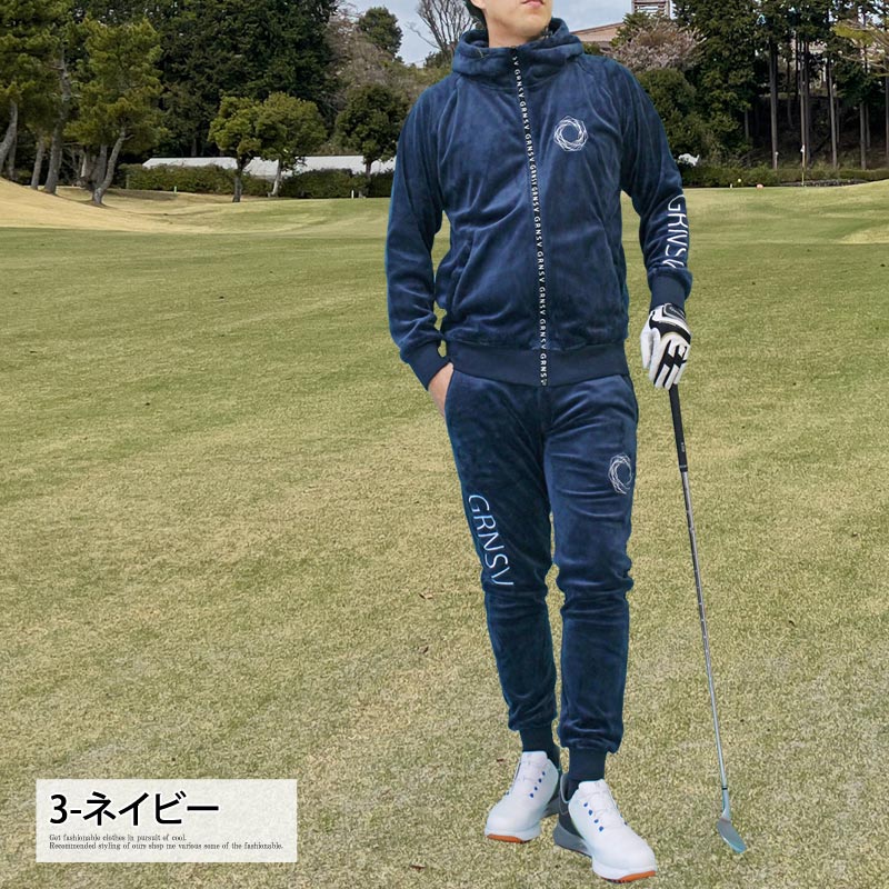 トップイズム TopIsm ゴルフウェア メンズ 上下セットアップ GIORNO SEVEN ジョルノセブン シャギーボアフリース フルジップパーカー トップス ゴルフパンツ ブランド おしゃれ 秋冬 (3-ネイビー) 3-ネイビー