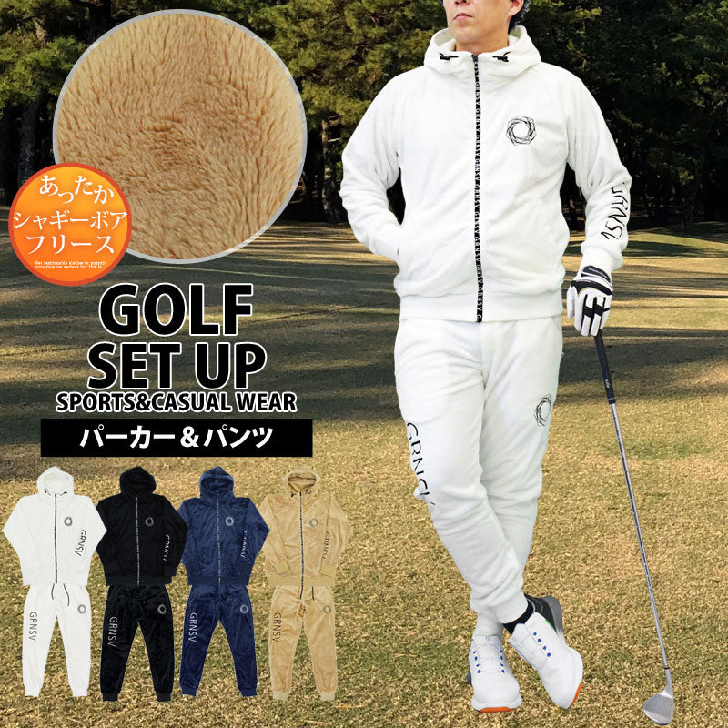 トップイズム TopIsm ゴルフウェア メンズ 上下セットアップ GIORNO SEVEN ジョルノセブン シャギーボアフリース フルジップパーカー トップス ゴルフパンツ ブランド おしゃれ 秋冬 (3-ネイビー) 3-ネイビー