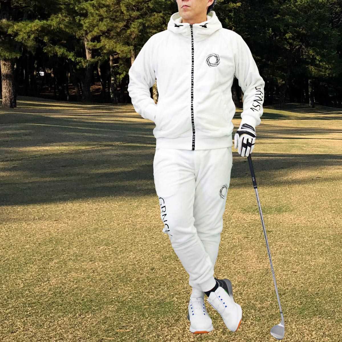 トップイズム TopIsm ゴルフウェア メンズ 上下セットアップ GIORNO SEVEN ジョルノセブン シャギーボアフリース フルジップパーカー トップス ゴルフパンツ ブランド おしゃれ 秋冬 (1-ホワイト) 1-ホワイト