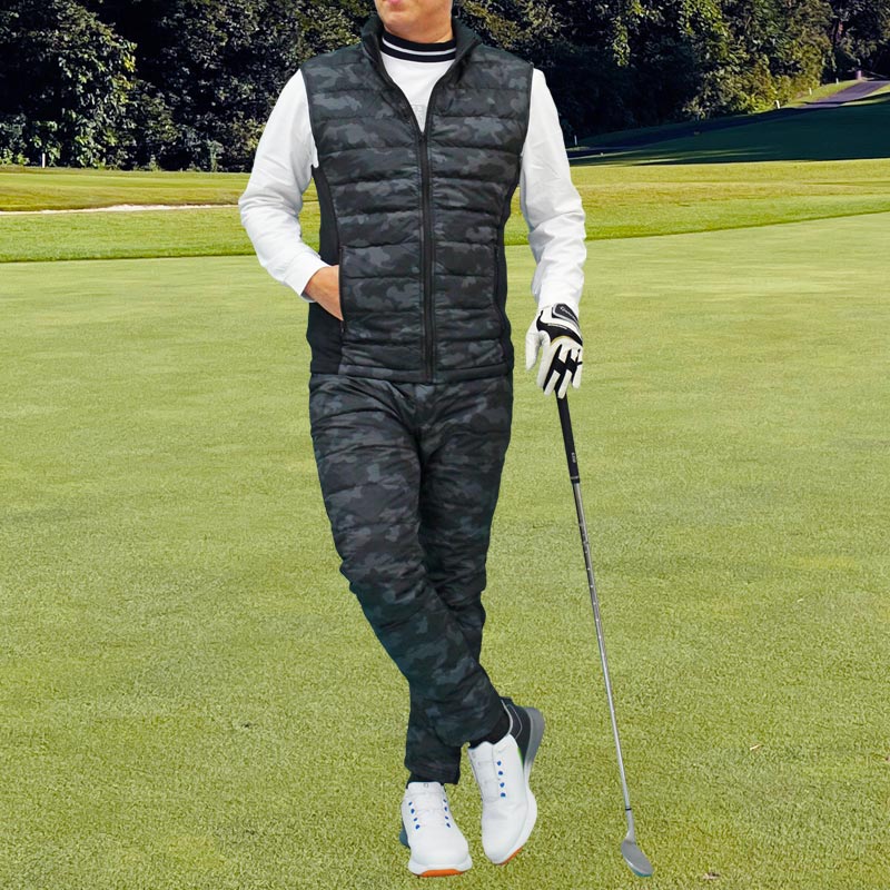 トップイズム TopIsm ゴルフウェア セットアップ メンズ 上下セット ダウンベスト ゴルフパンツ 暖か裏起毛ボア ストレッチジャージ アウター ジップアップ スポーツ 秋冬 (5-カモブラック) 5-カモブラック
