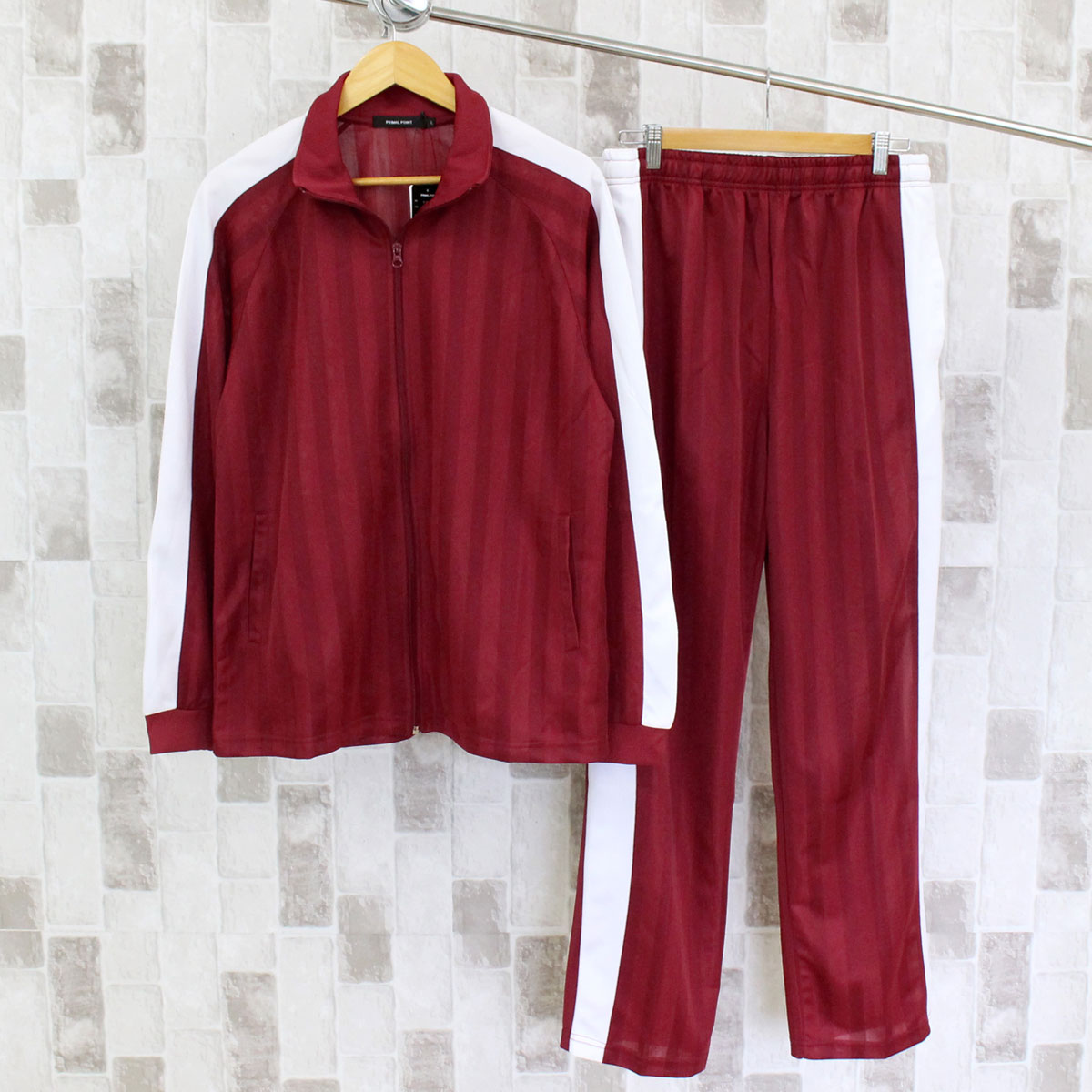 トップイズム TopIsm ジャージ セットアップ 上下セット メンズ シャドーストライプ ブリスター トラックジャケット パンツ サイドライン シンプル 男女兼用 ユニセックス (5-ワイン×ホワイト) 5-ワイン×ホワイト