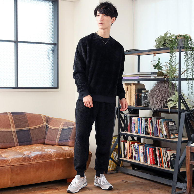トップイズム TopIsm 上下セット シャギーボア フリース メンズ スウェット 無地 暖かい トレーナー 男女兼用 モコモコ クルーネック ジョガーパンツ ルームウェア 部屋着 寝巻き パジャマ セットアップ 秋冬 (5-ブラック) 5-ブラック