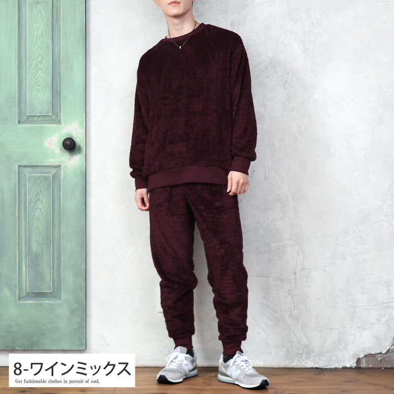 トップイズム TopIsm 上下セット シャギーボア フリース メンズ スウェット 無地 暖かい トレーナー 男女兼用 モコモコ クルーネック ジョガーパンツ ルームウェア 部屋着 寝巻き パジャマ セットアップ 秋冬 (5-ブラック) 5-ブラック