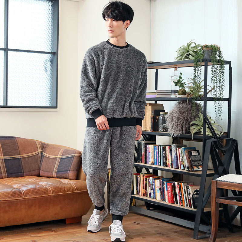 トップイズム TopIsm 上下セット シャギーボア フリース メンズ スウェット 無地 暖かい トレーナー 男女兼用 モコモコ クルーネック ジョガーパンツ ルームウェア 部屋着 寝巻き パジャマ セットアップ 秋冬 (1-グレーミックス) 1-グレーミックス