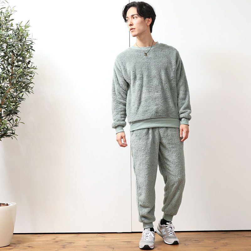 トップイズム TopIsm 上下セット シャギーボア フリース メンズ スウェット 無地 暖かい トレーナー 男女兼用 モコモコ クルーネック ジョガーパンツ ルームウェア 部屋着 寝巻き パジャマ セットアップ 秋冬 (6-スモーキーグリーン) 6-スモーキーグリーン