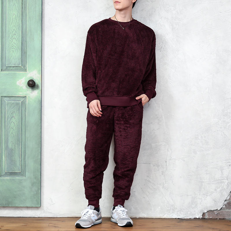 トップイズム TopIsm 上下セット シャギーボア フリース メンズ スウェット 無地 暖かい トレーナー 男女兼用 モコモコ クルーネック ジョガーパンツ ルームウェア 部屋着 寝巻き パジャマ セットアップ 秋冬 (8-ワインミックス) 8-ワインミックス