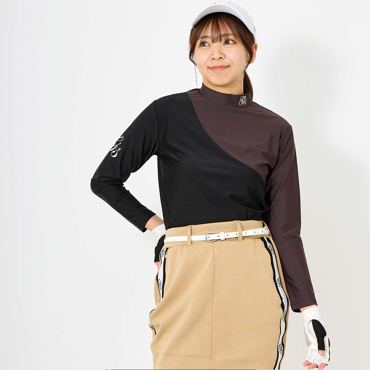 トップイズム TopIsm ゴルフウェア レディース モックネック gs GOLF ポロシャツ ハイネック 長袖 ストレッチ トップス アシンメトリー切替 おしゃれ かわいい 韓国系 春夏 (2-ブラックブラウン) 2-ブラックブラウン