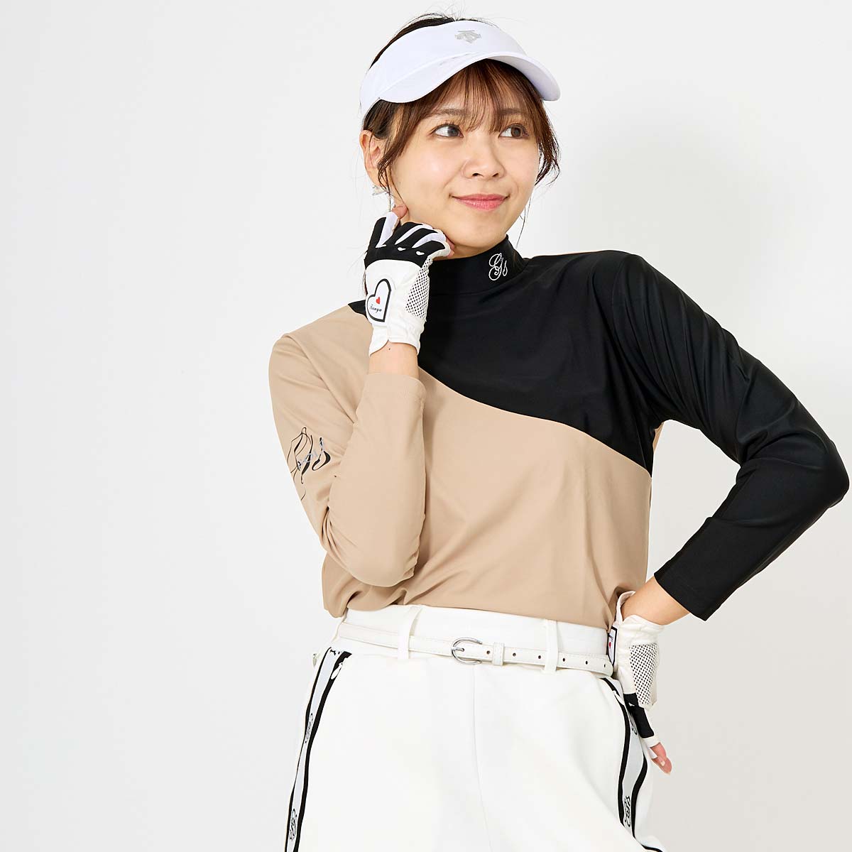 トップイズム TopIsm ゴルフウェア レディース モックネック gs GOLF ポロシャツ ハイネック 長袖 ストレッチ トップス アシンメトリー切替 おしゃれ かわいい 韓国系 春夏 (3-ベージュブラック) 3-ベージュブラック