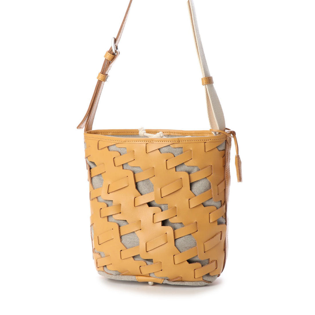 イザック YSACCS レザー×リネン メッシュデザインショルダー,ナチュラル