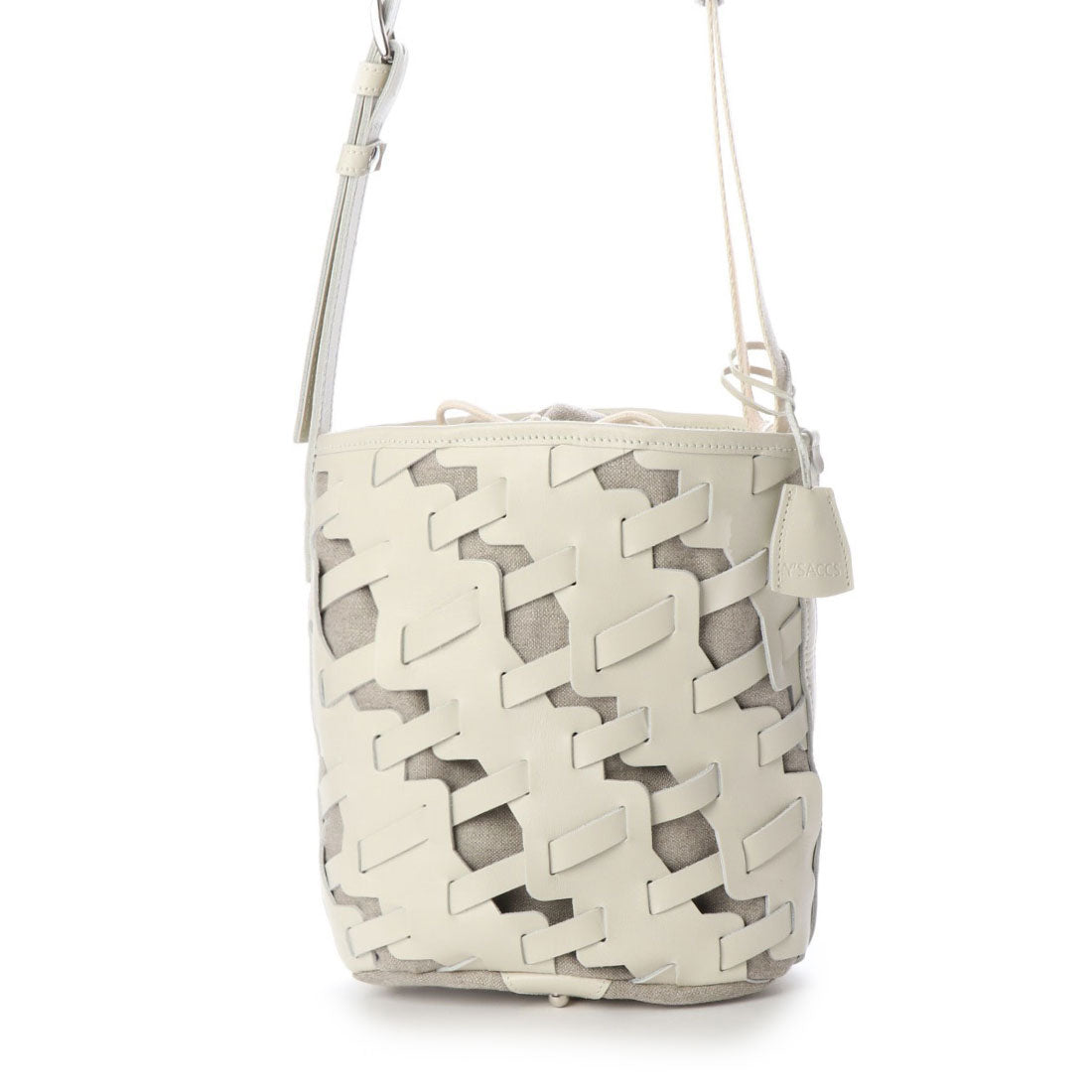イザック YSACCS レザー×リネン メッシュデザインショルダー,アイボリー