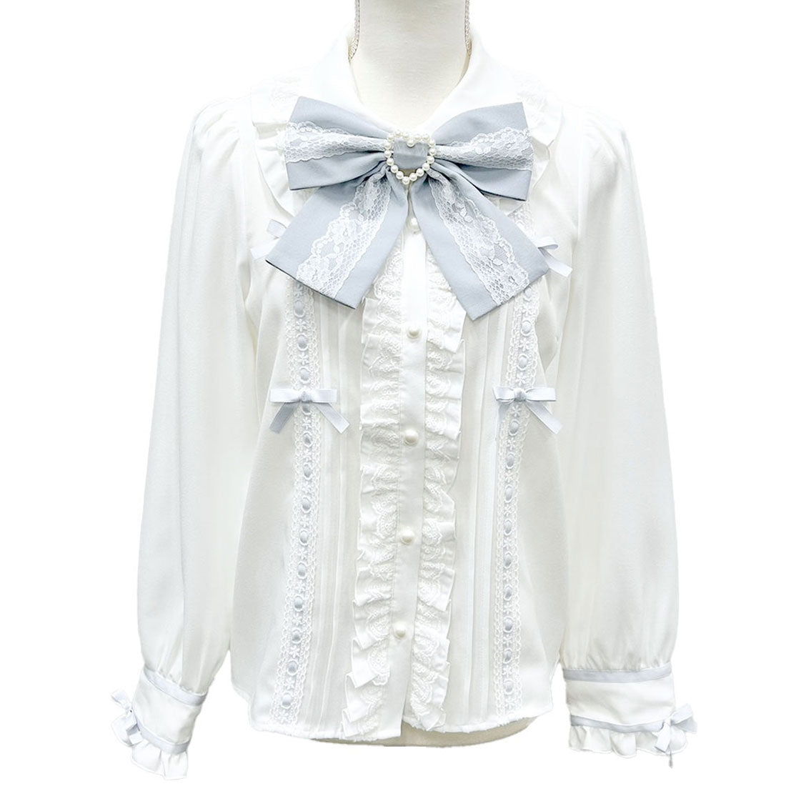 ユメテンボウ 夢展望 はしごレースリボンブラウス,ブルーグレー