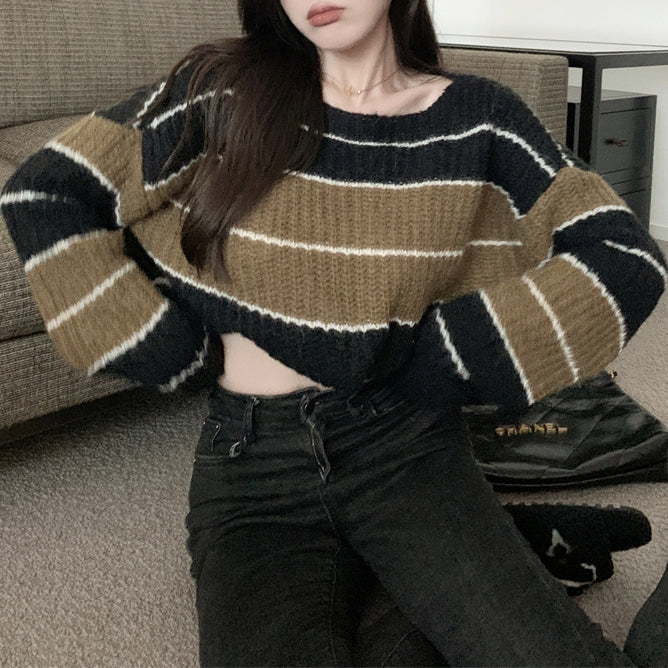 ゾエ ジェンコ Zoe Jenko ランダムボーダーショート丈ニットトップス 10294,ブラウン