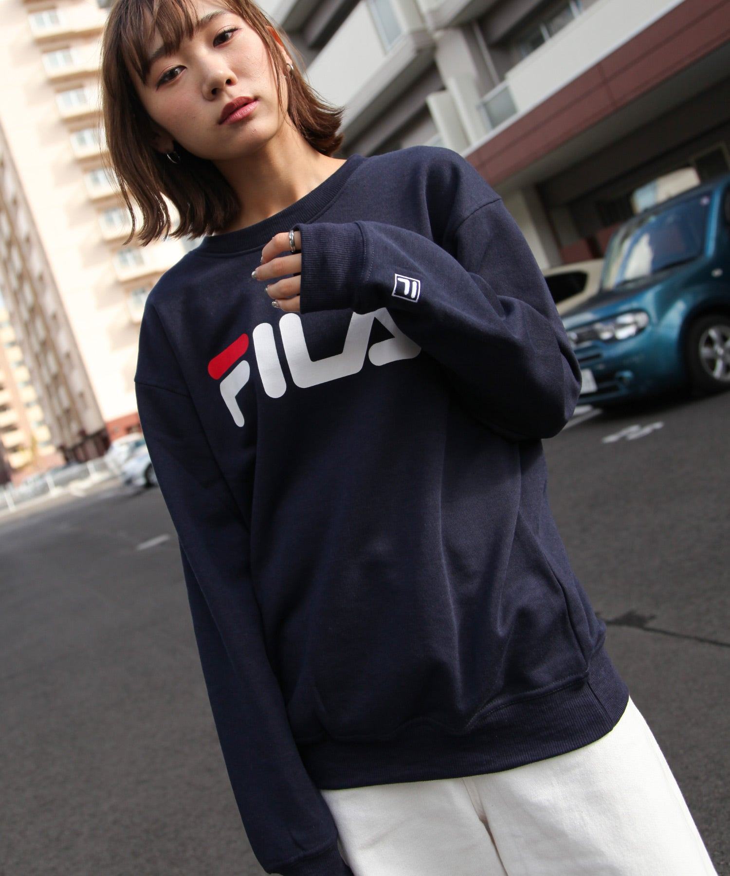 ジップファイブ ZIP FIVE デカロゴプリント裏起毛トレーナー,ネイビー