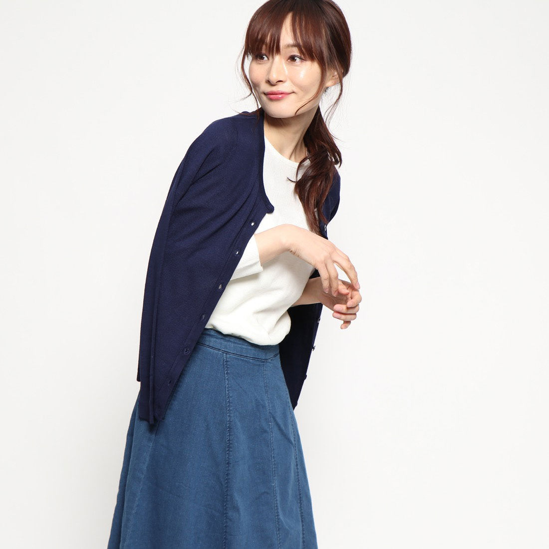 コウベレタス KOBE LETTUCE 洗えるシルクタッチカーディガン【丸首ミディアム丈】(ネイビー) ネイビー